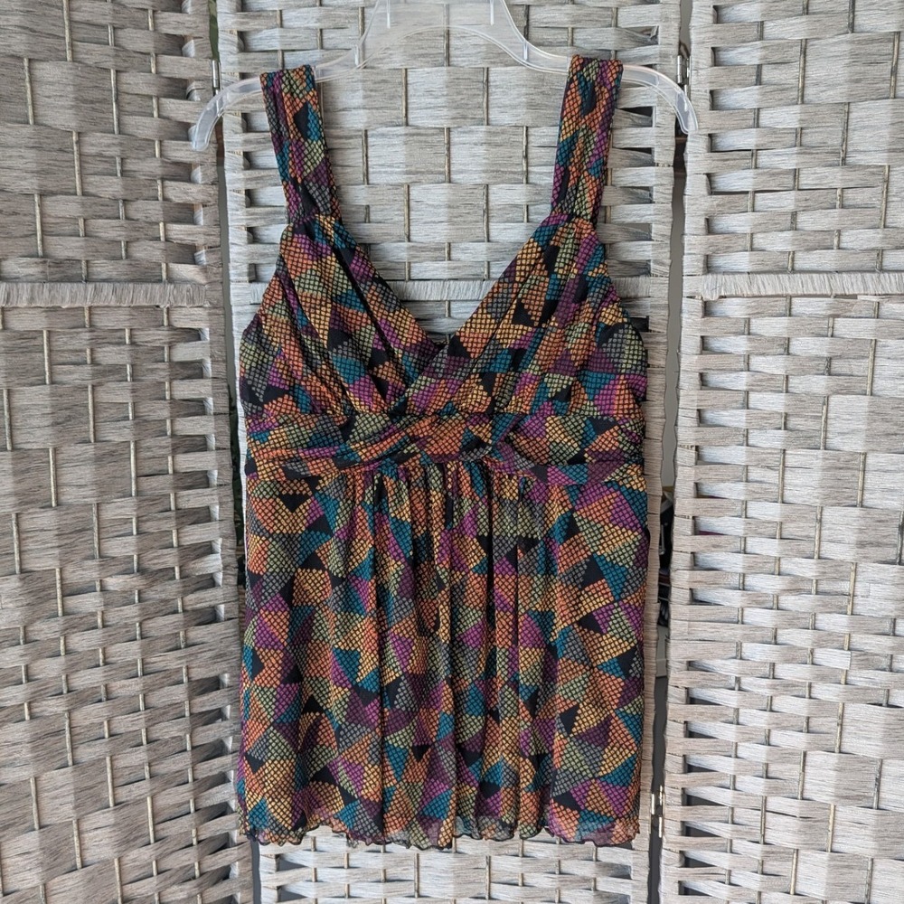 Babydoll Tank Top Multicolor Geometric Mesh Surplice V-Neck Sz M Boho Festival
